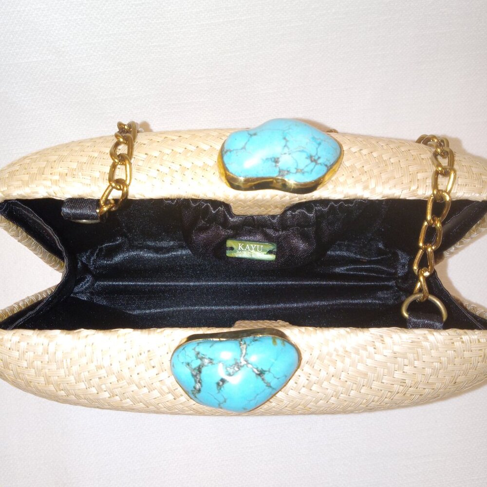 Kayu Jen Straw Clutch/Shoulder Bag With Turquoise Stone Toast/Natural NWOT - Picture 10 of 16